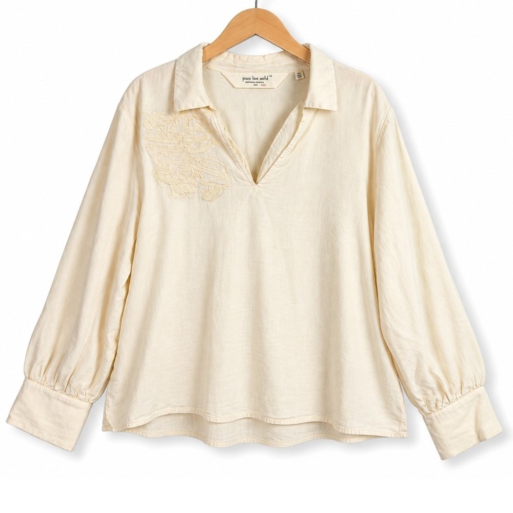 Peace Love World Womens Medium Pristine Boheme Embroidered Linen Popover A691697